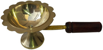 k j traders Diwali Pure Brass Dhoop Diya || Kapoor Aarti Lamp/Dhoop Stand with Wooden Handle Brass Table Diya(Height: 2.2 inch)