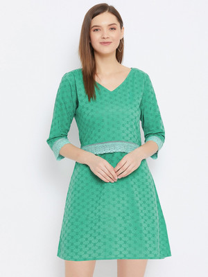 BITTERLIME Women A-line Green Above Knee/Mid Thigh Length Dress