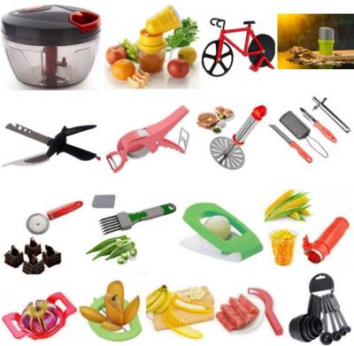 Samarpan Combo Of Quick Vegetable Chopper, 2 in 1 Nano Juicer, Bicycle Pizza Cutter, Dry Fruit Slicer, 4 in 1 Clever Cutter, 2 in 1 vegetable cutter, Potato Masher, Knife, Peeler, Grater, Gas Lighter, Pastry Cutter, Neki Cutter, Boiled Egg Cutter, Sweet Corn Cutter, Apple Cutter, Mango Cutter, Banana Cutter, Watermelon Slicer and Measuring Cups &amp; Spoons (Pack Of 20, Multi Color) TO MAKE WOMEN'S LIFE VERY EASY [TOP 20 KITCHEN TOOLS] Kitchen Tool Set