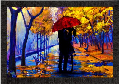 eCraftIndia Romantic Couple Under Umbrella Love Theme Satin Matt Texture UV Art Painting Ink 14 inch x 50 inch Painting(With Frame)