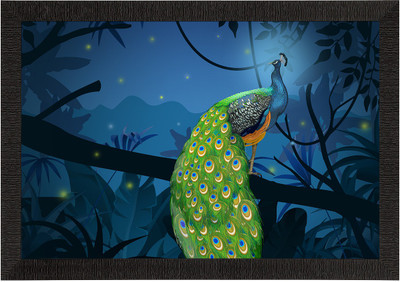 eCraftIndia Peacock Sitting on Tree Branch Satin Matt Texture UV Art Painting Ink 10 inch x 14 inch Painting(With Frame)