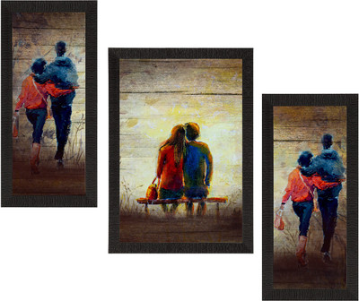 eCraftIndia Set of 3 Loving Couple Valentine Theme Satin Matt Texture UV Art Painting Ink 14 inch x 10 inch Painting(With Frame, Pack of 3)