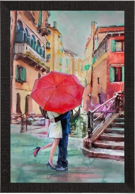 eCraftIndia Romantic Couple Under Umbrella Love Theme Satin Matt Texture UV Art Painting Ink 14 inch x 10 inch Painting(With Frame)