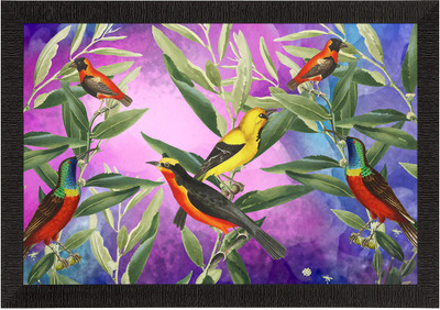 eCraftIndia Colorful Birds Sitting on Tree Branch Satin Matt Texture UV Art Painting Ink 14 inch x 20 inch Painting(With Frame)
