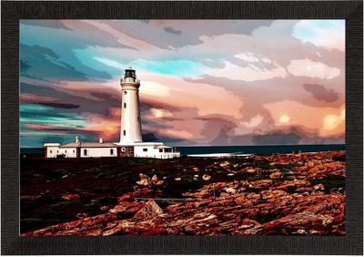 eCraftIndia Seaside Lighthouse Scenic View Satin Matt Texture UV Art Painting Ink 10 inch x 14 inch Painting(With Frame)
