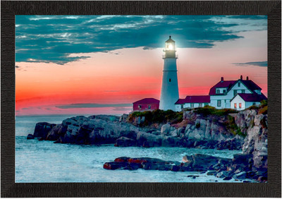 eCraftIndia Seaside Lighthouse Scenic View Satin Matt Texture UV Art Painting Ink 10 inch x 14 inch Painting(With Frame)