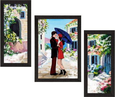 eCraftIndia Set of 3 Loving Couple Satin Matt Texture UV Art Painting Ink 14 inch x 30 inch Painting(With Frame, Pack of 3)