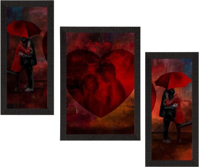 eCraftIndia Set of 3 Loving Couple Under Umbrella Valentine Theme Satin Matt Texture UV Art Painting Ink 14 inch x 30 inch Painting(With Frame, Pack of 3)