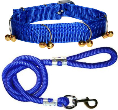 BODY BUILDING Dog Belt Combo of Blue Ghungroo Collar with Blue Lead 1.5m Lengthy Dog Collar & Leash(Medium, Blue)