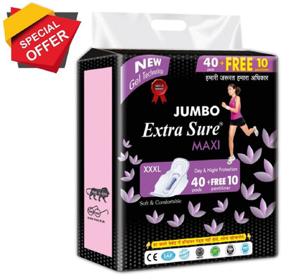 Jumbo Extra Sure Sanitary Pads for Women with Wings | Dry-net Surface Soft & Comfortable Sanitary Napkins for Day & Night Protection (40 Pad+ + 10 Pantiliner)) Sanitary Pad(Pack of 50)