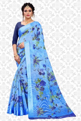 New Vimalnath Synthetics Floral Print Daily Wear Cotton Linen Saree(Blue)