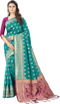 panchaamrit Woven Kanjivaram Silk Blend Saree(Green)