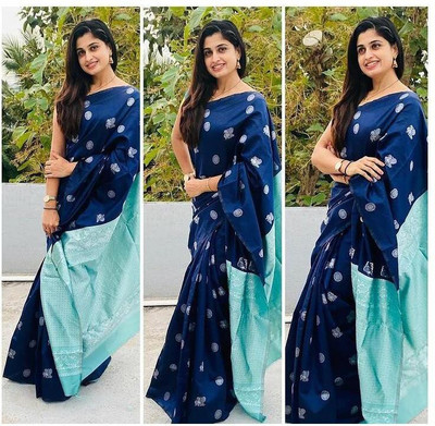 Kyrila Woven Kanjivaram Jacquard, Pure Silk Saree(Blue)