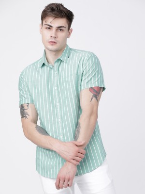 HIGHLANDER Men Striped Casual White, Light Green Shirt