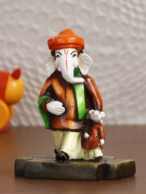 eCraftIndia Neta Lord Ganesha with Mushak Colorful Handcrafted Decorative Figurine Decorative Showpiece  -  14 cm(Polyresin, Orange)