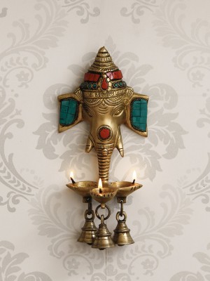 eCraftIndia Lord Ganesha with 3 Bells and Diya for 3 Wicks Brass Wall Hanging Handcrafted Artifact with Colorful Stone Work Decorative Showpiece  -  23 cm(Brass, Gold)