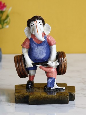 eCraftIndia Lord Ganesha Doing Weightlifting with Mushak Colorful Handcrafted Decorative Figurine Decorative Showpiece  -  14 cm(Polyresin, Blue)