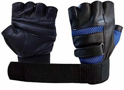 Drauss Unisex Wrist Wrap Support Real Leather Gym Gloves for Palm and Wrist Protection Gym & Fitness Gloves(Blue)