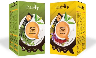 chaizup Instant Cardamom & Saffron Premix Tea - Pack of 2 X 10 Sachets of Karak Ready to Drink Chai with Cardamom or Saffron and Low Sugar, hot instant tea anytime anywhere. Easy to Make Tea. Authentic India Tea. Assam Tea with Aroma Instant Tea Box(2 x 140 g)