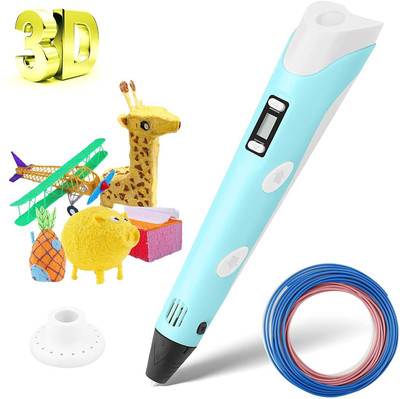 Robotronics 3D-Printing Pen with LCD for 1.75mm PLA and ABS for 3D Drawing, Doodling, Arts, Crafts, Model Making with 3 Piece 1.75mm ABS Filament Refills (Blue) 3D Printer Pen