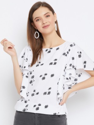 BITTERLIME Casual Ruffled Sleeve Printed Women White Top