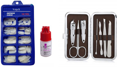 VULPIX Reusable 100 TIps Artificial Nails with glue & Stainless Steel 7in1 Manicure Tool kit(9 Items in the set)