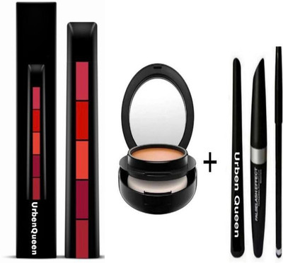 URBEN QUEEN FAB 5 ( 5 IN 1 ) LIPSTICK PLUS EYEBROW PENCIL BLACK, EYELINER, MASCARA (3IN1) PLUS FACE COMPACT POWDER(5 Items in the set)
