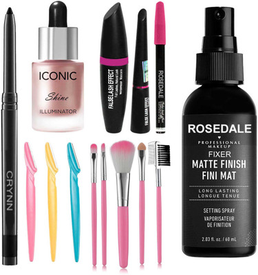 Crynn Smudge Proof Waterproof Rosedale Kajal & Studio Professional Iconic Shine Illuminator Highlighter & 3in1 Eyeliner , Mascara , Eyebrow Pencil & Set of 5 Makeup Brush & Tinkles Facial Eyebrow Hair Shaver & The Matte Fixer Face Spray(14 Items in the set)