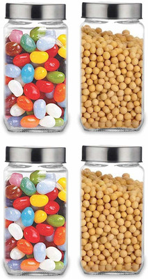 CROCO JAR Glass Grocery Container  - 1000 ml(Pack of 4, Silver, Clear)