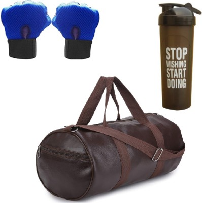 AV Brands SV-Enterprise Gym & Fitness Kit-Combo of Brown Gym Bag/Duffel Bag with Side Pocket, blue Gloves and Black stop wishing start doing Shaker/Bottle Fitness Accessory Kit Kit