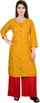 Jay Mataji Creation Women Embroidered Straight Kurta(Yellow)