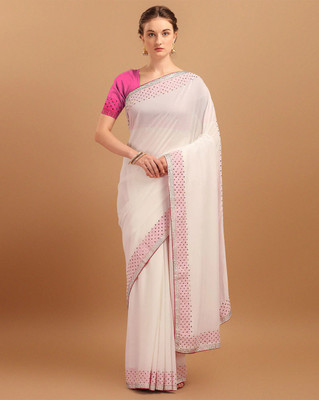 MM VENTURE Embroidered Bollywood Art Silk Saree(White)