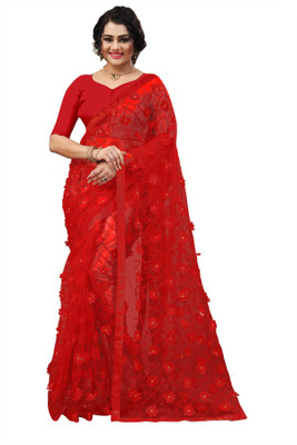 RamKrupa Creation Applique Bollywood Net Saree(Red)