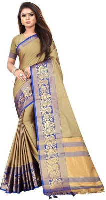 Harekrishna creation Printed Daily Wear Jacquard, Cotton Silk Saree(Gold, Blue, Cream)