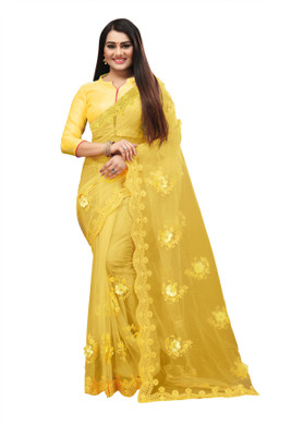 niklu fashion Embroidered Bollywood Net Saree(Yellow)