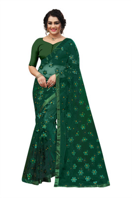 JANVI CREATION Self Design, Printed, Applique, Embroidered, Solid/Plain Bollywood Net Saree(Green)