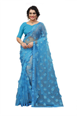 JANVI CREATION Self Design, Printed, Applique, Embroidered, Solid/Plain Bollywood Net Saree(Light Blue)