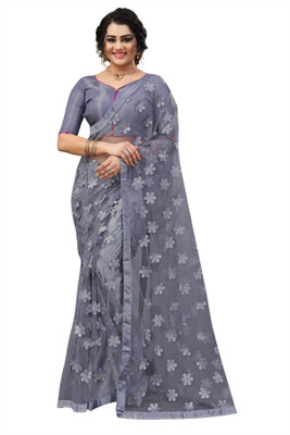 JANVI CREATION Self Design, Printed, Applique, Embroidered, Solid/Plain Bollywood Net Saree(Grey)