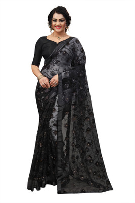 JANVI CREATION Self Design, Printed, Applique, Embroidered, Solid/Plain Bollywood Net Saree(Black)