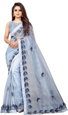 Hinayat Fashion Embroidered Bollywood Net, Tissue Saree(Grey)