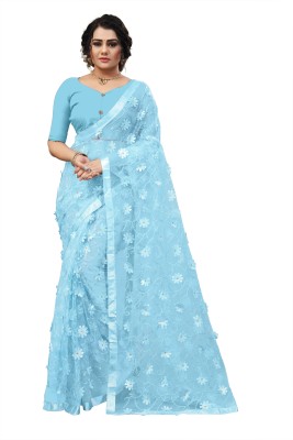 JANVI CREATION Self Design, Printed, Applique, Embroidered, Solid/Plain Bollywood Net Saree(Light Blue)