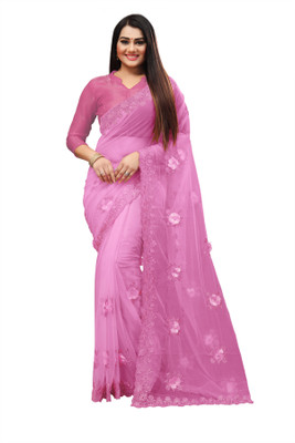 JANVI CREATION Embroidered Bollywood Net Saree(Pink)
