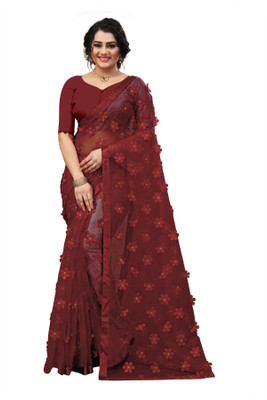 JANVI CREATION Self Design, Printed, Applique, Embroidered, Solid/Plain Bollywood Net Saree(Maroon)