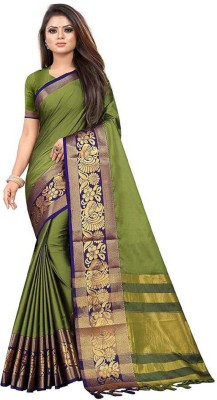 Kunj Creation Woven Dharmavaram Jacquard, Pure Silk Saree(Green)