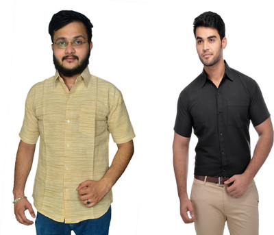 DESHBANDHU DBK Men Striped Casual Black, Beige Shirt(Pack of 2)