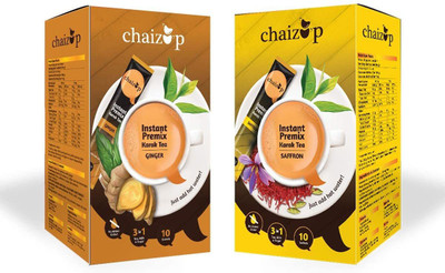 chaizup Instant Ginger & Saffron Premix Tea - Pack of 2 X 10 Sachets of Karak Ready to Drink Chai with Ginger or Saffron and Low Sugar, hot instant tea anytime anywhere. Easy to Make Tea. Authentic India Tea.Tea with Aroma and Taste Ginger, Saffron Instant Tea Box(2 x 140 g)