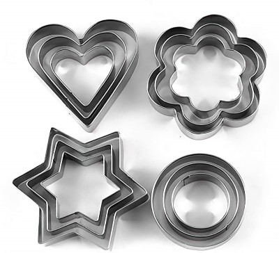 De-Ultimate Stainless Steel 12 Pcs With 4 Different Shape 3 Sizes Heart Flower Round Circle Star Pastry Cake Muffin Jelly Fruit Biscuit Decorating Mould/Molds Dough Cookie Fondant Backing Shaper Cutting Cutter Tool Set Cookie Cutter(Pack of 12)