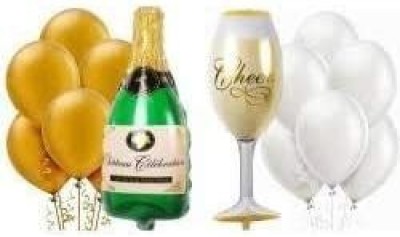 KHURANA DECORATIVE Solid Champagne Bottle (1Pcs, 36 Inch) and Wine Glass (1Pcs, 36Inch) Shape Foil Balloon with Pack of 30 ( 15 Golden & 15 White ) Color Metallic Latex Balloons for Birthday Party Anniversary Theme Party Decoration Balloon(Green, Gold, White, Beige, Pack of 32)