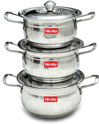 Nirvika 3pc Handi Set 3 pcs handi set With lid and Handle stainless steel 3 piece handi cookware set induction friendly Cook and serve 3pieces Gift set (Material: Stainless Steel) (Size: 2.1 L, 1.6 L, 1.1 L) (With Lid and Handle)(Without copper)(Color: Silver) Cookware Set of 3 Piece Cookware Set (S