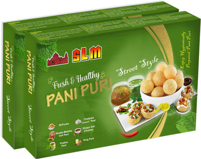 SLM Spices Pani Puri Golgappe Puchka kit ( Pack of 2 ) with 50Pcs Puris and 4 Different Flavours Pudhina Pani, Hing Pani, Lasooni Pani, Khatha Meetha Imli Pani and khajur Imli Chutney 250g Each Combo Fryums (Pack of 2)(100 g) SLM Spices Pani Puri Golgappe Puchka kit ( Pack of 2 ) with 50Pcs Puris and 4 Different Flavours Pudhina Pani, Hing Pani, Lasooni Pani, Khatha Meetha Imli Pani and khajur Imli Chutney 250g Each Combo Fryums (Pack of 2)(100 g)